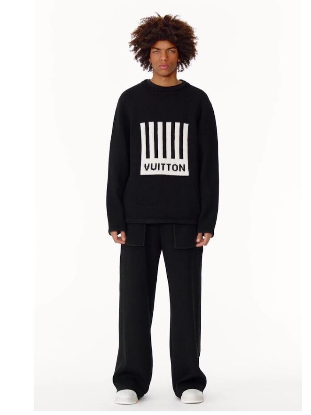 Louis Vuitton Paris Black Knit Jacket Sweater M Intarsia Graphic Logo Bar Stripe